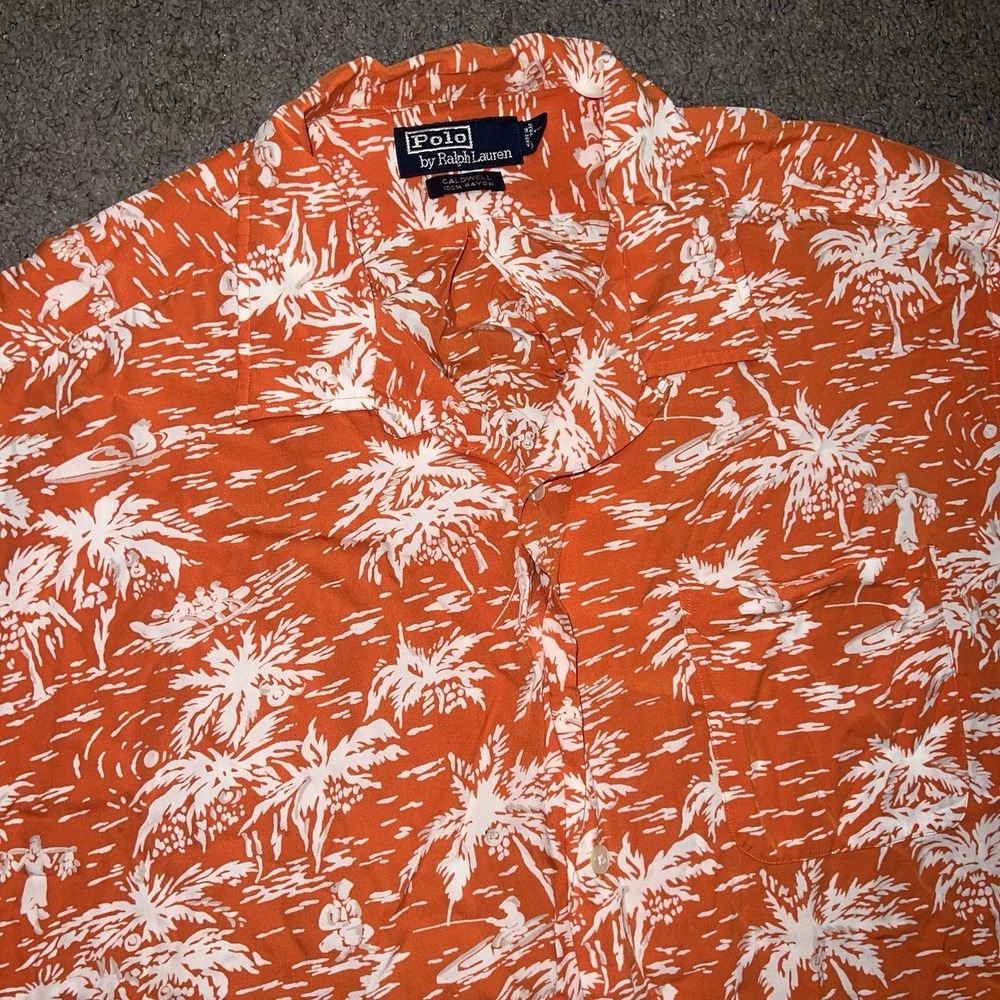 Vintage Polo Ralph Lauren Caldwell Rayon Hawaiian Palms Shirt XL Orange